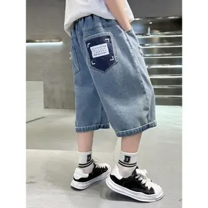 (New)Boys' Faux Denim Pants, a Valentine'S Day Gift, Enhance Body Shape, Featuring Letter Patterns, Comfortable And Stylish Cropped Pants, Perfect for Summer, Versatile for Casual And Sporty Looks, Suitable for Various Styles