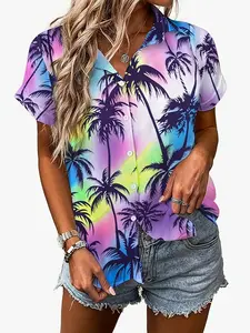Women's Vacation Casual Fashion V-Neck Printed Shirt Blouse, Womenswear, Hawaiian Tropical Palm Beach Style, Short Sleeve Summer Top, Loose Fit, All Seasons
