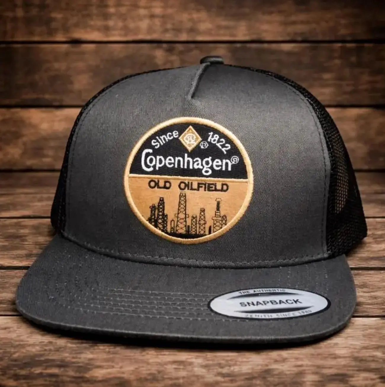 [BEST 2026] Copenhagen Old Oilfield Trucker Hat, Vintage Snapback Cap Since 1822 Patch, Charcoal Gray Mesh Hat, Western Oilfield Style, Adjustable Flat Bill Cap Gift for Him