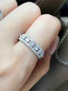 1pc Elegant Silvery Plated Double-Row Marquise & Micro Pave CZ Ring, Stackable Wedding Band, Bridal & Office Wear Jewelry Gift
