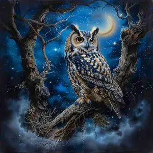 Mystical Night Owl on Gnarled Tree Diamond Painting Kit, 5D Full Drill Round & Square Rhinestone Cross Stitch, Starry Crescent Moon Sky Background, Magical Forest Wildlife Art, Gothic Fantasy Home Decor, Perfect Gift for Owl Lovers