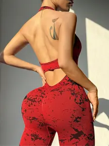 Women's All Over Print Scoop Neck Sports Jumpsuit, Casual Comfy Breathable Sleeveless Jumpsuit for Yoga Gym Workout, Ladies Sportswear for All Seasons, Sporty Comfy Jumpsuit