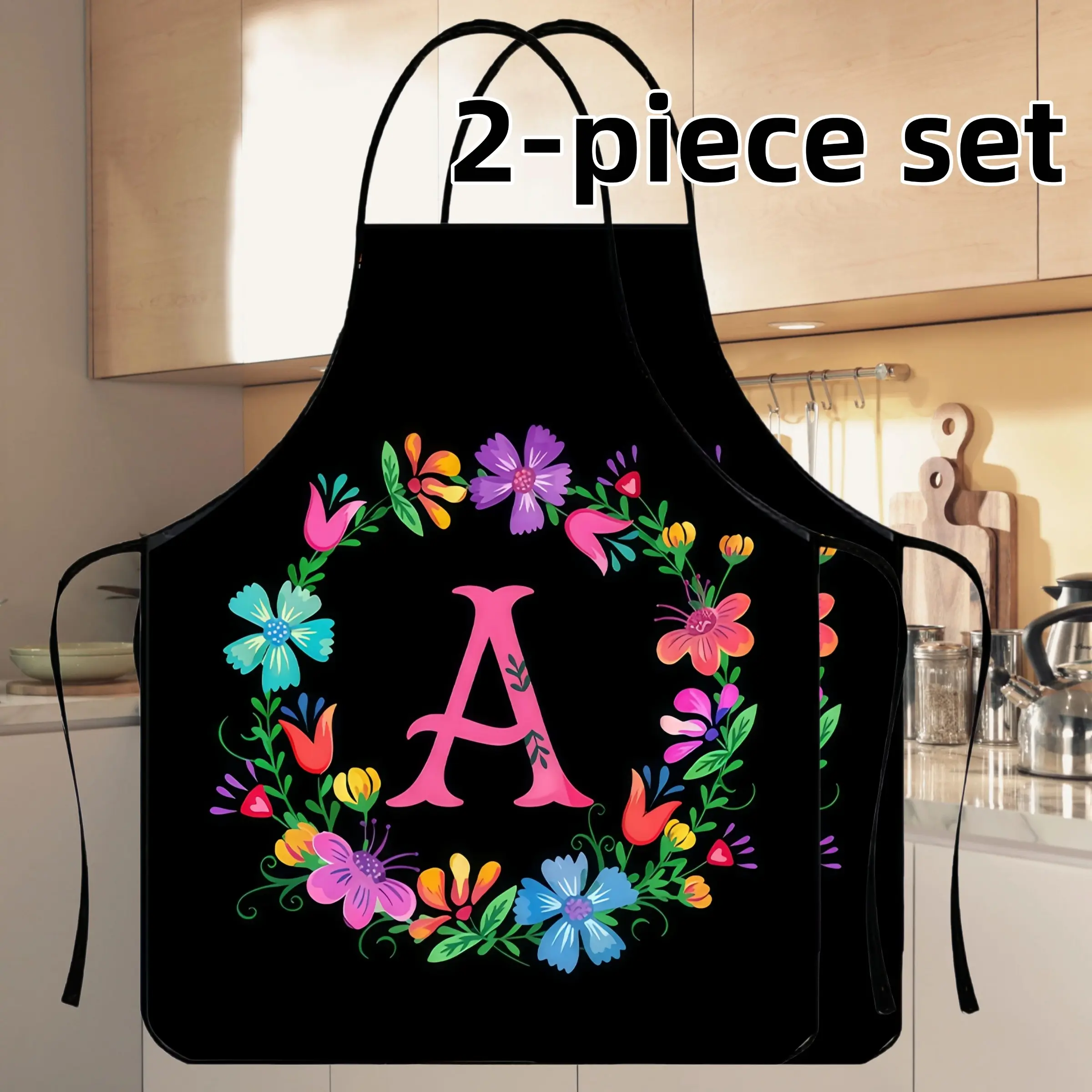 Floral Letter Print Polyester Apron Set, 2 Counts ﻿Mother's Day Gift Apron,Unisex Spanish Word Kitchen Cooking Apron,Apron for Women,Birthday Present, Gift for Daughter&Mother&Wife&GF