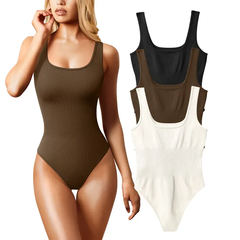 OQQ Women's 3 Piece Bodysuits Sexy Ribbed Sleeveless Square Neck Tank Tops Seamless Trendy