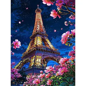 1pc, 5D Eiffel Tower Night View Diamond Painting Full Diamond Living Room Bedroom Decorative Painting Paris Tower Floral Diamond Sticker Cross Stitch Frameless Diamond Painting