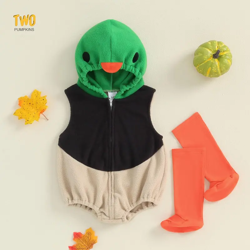Baby Duck Costume, Sleeveless Hooded Zipper Closure Romper with Leg Warmers Halloween Cosplay Costume