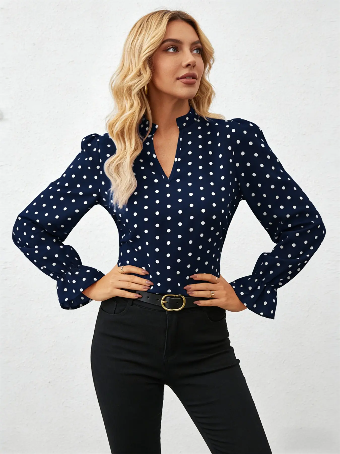 A women's stand-up collar small V-port design neckline wooden ear decoration red polka dot stand-up collar trumpet sleeve Long Sleeve fitted shirt Blouses Button Shirt Blouse Tops,suitable for retro commuter style, dating style and other styles