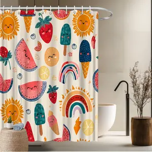 1pcs Fun Fruit Sun Ice Cream and Rainbow Theme Bath Curtain-2D Print Shower Curtain Fresh Home Bathroom Decor 70.8x70.8 inches