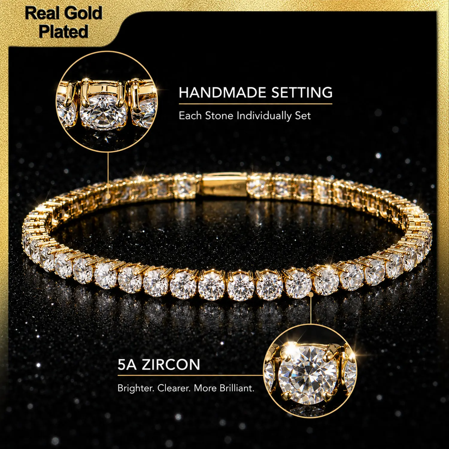 Holylegend 14K Real Gold-Plated Hand-Set 5A Cubic Zirconia Tennis Bracelet, Brilliant Iced-Out Gold Tone Bracelet for Men & Women, Luxury Hip Hop Jewelry Gift