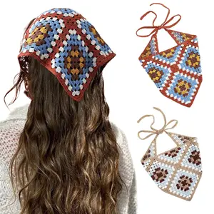Women's 2-Piece Vintage Floral Crochet Bandana Set - Female Knitted Hair Scarf, Head Kerchief, Headwrap, Headband
