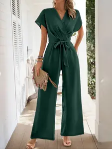 Women's V Neck Short Sleeve Jumpsuit, Elegant Plain Design for Office and Casual Wear, Fitted with Belted Waist and Wide Legs