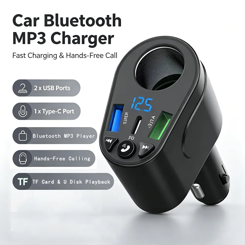 Car Charger Adapter Multi Function Car Power Adapter 1 to 4 Car Charger FM Transmitter MP3 Music Player Bluetooth Car Kit LED Voltage Display Fast Charging Hands Free Calling PD QC30 USB Type C Ports Cigarette Lighter Splitter Car Accessories for iPhone S