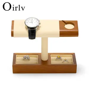 Oirlv Luxury Smart Watch Display Stand with Charging Slot Solid Wood Jewelry Storage Display Stand for Family Gifts Beige Gray