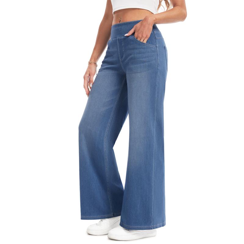 YUCOLEN Wide Leg Stretchy Jeans for Women Loose Fit Elastic High Waist Pants Pull On Baggy Fit Jeans Tummy Control Trousers Casual Work Wear (Regular Inseam)