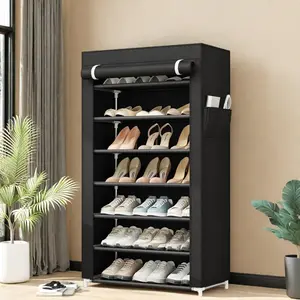 Vertical Narrow Shoe Rack Organizer Tall Shoe Rack for Closet Entryway 7 Tier Non-Woven Cover Shoe Shelf Holds 21 Pairs Free Standing Shoe Storage Cabinet with Dustproof Cover