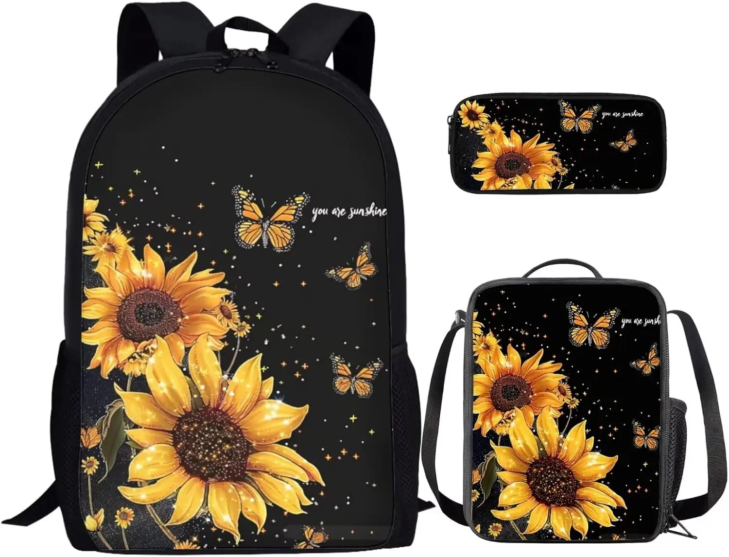 Girls' Large Capacity Backpacks for School, Ergonomic 3-Piece Boho Set with Sunflower Butterfly Print, Waterproof Bag, Insulated Lunch Box & Pencil Case, Polyester, Female, Floral Print, Glitter Stars, School/Outdoor, Shock Absorb