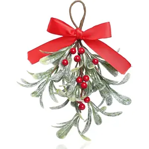 Christmas Decorations, Artificial Mistletoe Frosted Mistletoe Decor for Porch Hanging Mistletoe Christmas Ornaments Kissing Ball, Artificial Shimmering Leaf Hanging Decor, Couple Set