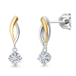 Gem Stone King 925 Silver and 10K Yellow Gold White Moissanite Dangle Earrings for Women | 0.66 Cttw | Gemstone Birthstone | Round 4.5MM