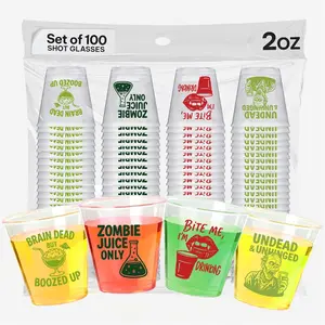 Halloween Shot Glasses Disposable Set of 100, 25 count Each Design, 2oz Each, Plastic Jello Halloween Shot Cups for Zombie  Drinkware and Decorations - Ideal  Glasses For Zombie Decorations