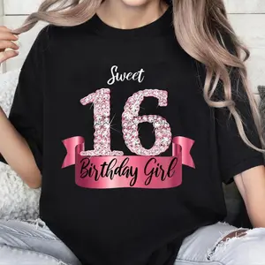 100% Cotton Cute Pink Black Sweet 16  Style I 16th Birthday Idea T-Shirt