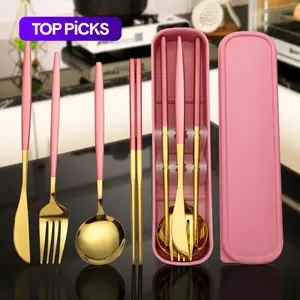 4-Piece Stainless Steel Gold Cutlery Set with Storage Box, Portable Reusable Utensils for Home, Office, School, Camping and Travel, Household Tableware for Daily Use