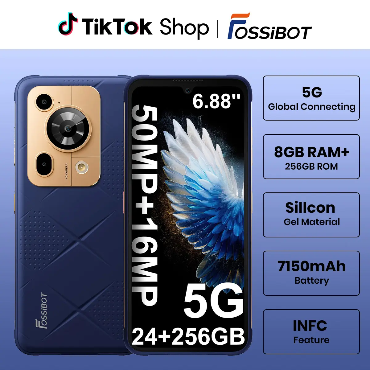 FOSSIBOT F112 Pro 5G Rugged Smartphone Unlocked, 256GB+24GB RAM (Expandable to 1TB), Android 14, 7150mAh Battery, 6.88" FHD+ Display, 50MP+16MP Camera, IP68/IP69K Military Grade, NFC, Dual SIM