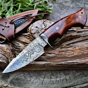 Patented Handmade Damascus Steel 10" Fixed Blade Hunting Knife, Walnut Wood Handle & Leather Sheath, Bushcraft Outdoor Skinning Survival Knife, Ideal Collector Gift for Men