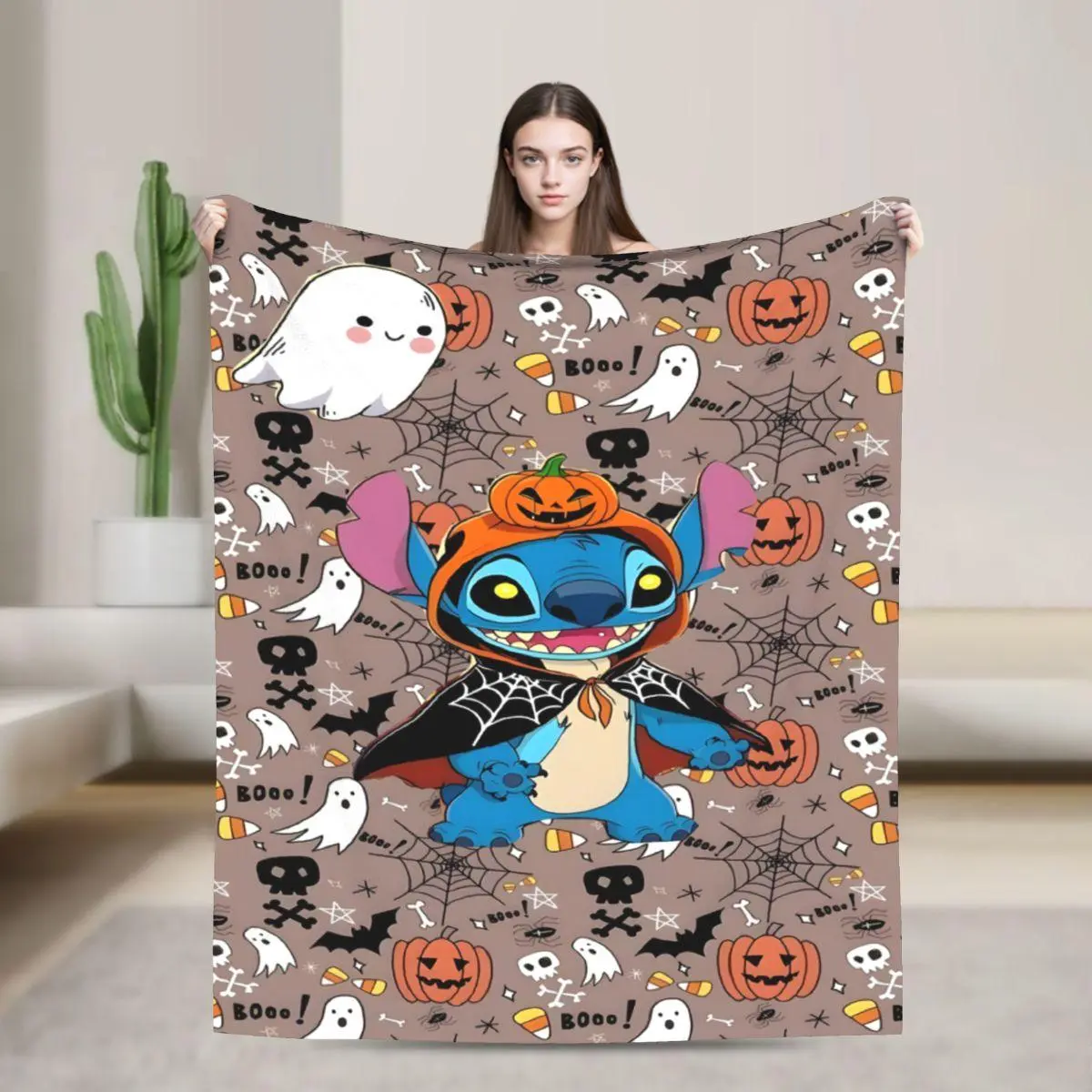 [SummerVibes] DISNEY CLASSIC Halloween Pumpkin Stitch Flannel Blanket - Soft, Warm, Skull, Bat and Ghost Cartoon Design, Sofa, Bed, Office, Blanket for Couch