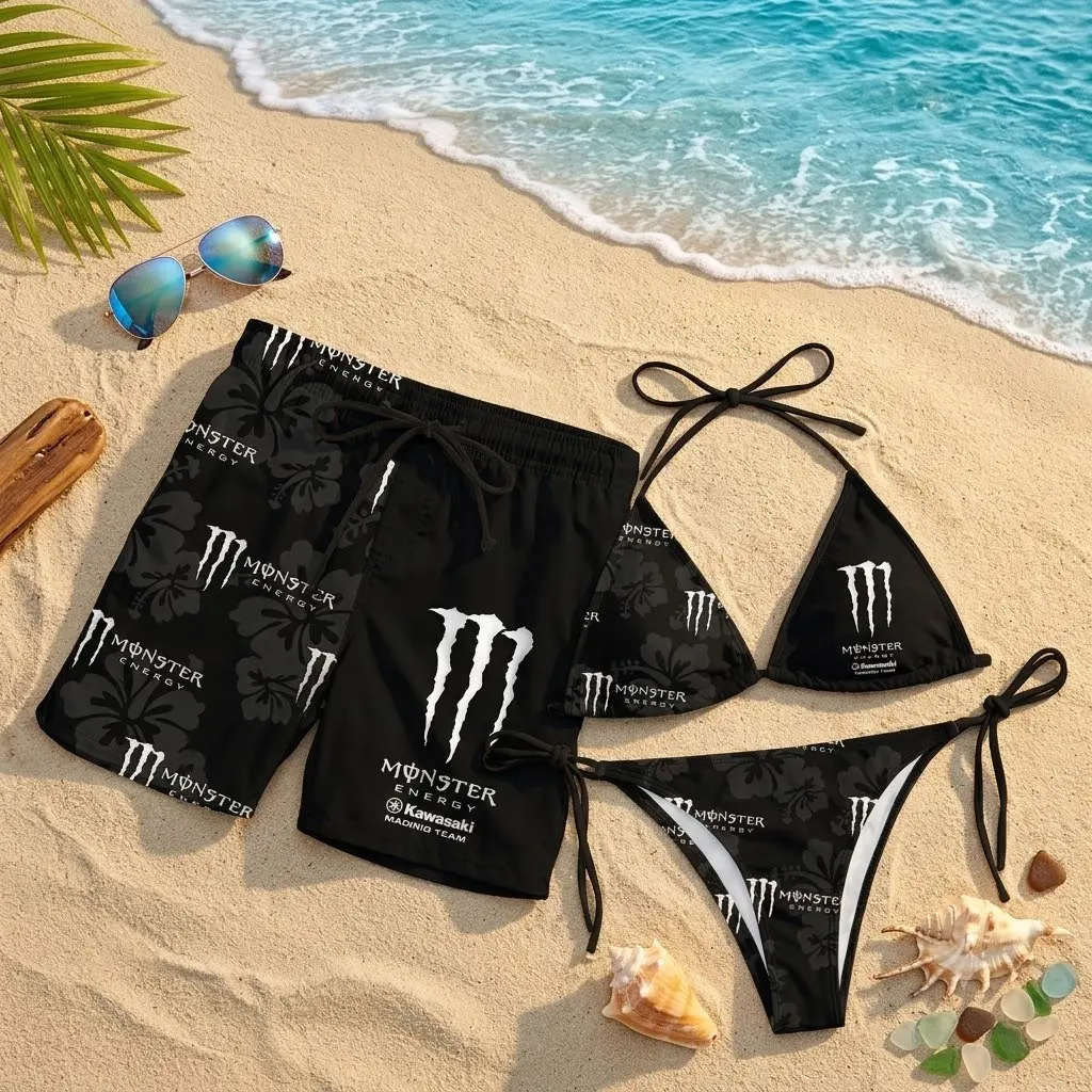 Couples' Monster Energy Inspired Swimwear Set - Women's Floral Bikini, Men's Beach Shorts, Tropical Hawaiian Summer Vacation Pool Party Outfit nt14