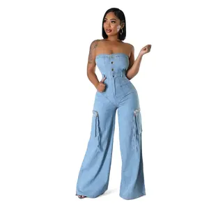 Denim Jean Sleeveless Cargo Jumpsuit