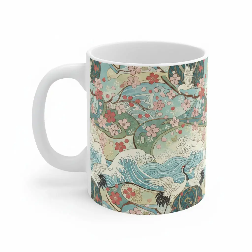 Elegant Ceramic Mug with Traditional Japanese Artwork - Exquisite Cherry Blossoms, Rolling Waves, and Majestic Cranes Illustrated Design, Versatile Reusable Cup for Coffee or Tea, Durable Washable Kitchenware, Perfect Gift for Art Collectors, Profess