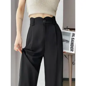 Women's 2025 Summer New Petite-Friendly Narrow Wide-Leg Pants - High-Waisted Lightweight Draped Straight-Leg Ice Silk Tailored Trousers
