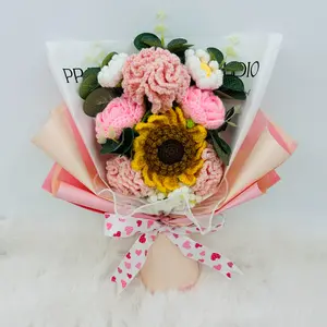 Handmade Crochet Carnation Sunflower Rose Bouquet, Mother's Day Friend Lover Grandmother Party Gift, Artificial Flower Arrangement, Crochet Artificial Flowers