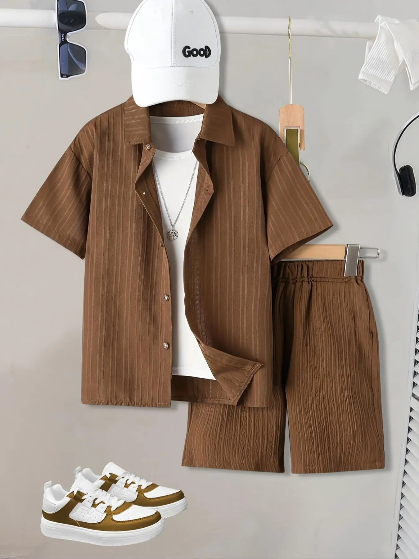 Two-piece Set Boy's Solid Button Front Shirt & Shorts Set, Casual Short Sleeve Collared Top & Shorts, Kids Summer Clothes for Daily Wear, Cute Clothe