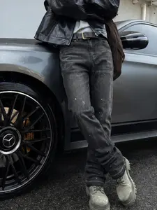 Men's High-End Casual Loose Fit Jeans, All Seasons Button Fly Zipper Micro Flare Pants, Plain Washed Denim Bottoms, Relaxed Boot Cut