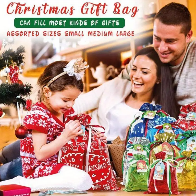 25PCS Christmas Drawstring Gift Bags with Tags – Assorted Sizes Holiday Wrapping Bags for Xmas, Parties, Birthdays & Weddings Holiday Gift Bags Christmas Halloween Decorations