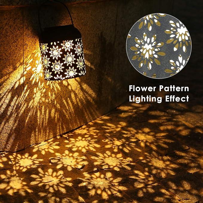 LeiDrail Solar Hanging Lantern with Floral Cutout Pattern – Waterproof Metal Outdoor Garden Light