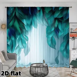 2D Flat 2Pcs Elegant Teal Feather Print Curtains, Modern Abstract Design, Rod Pocket Style, Semi Sheer Polyester, Suitable for Living Room Bedroom Balcony Study Window Decor, Artistic Home Decoration, Home Textile, Anti Privacy
