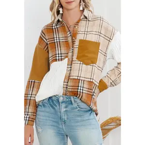 Orange Plaid Color Block Patchwork Pocket Shirt Shacket