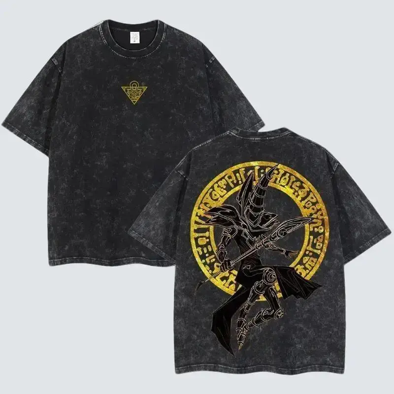 Oversize Vintage Washed T-Shirt with Dark Magician Yu-Gi-Oh Graphic, Unisex Heavyweight Cotton, Double-Printed Retro Anime Style, S, Casual, 4Xl, 5Xl, 7-Day Return/Exchange Policy, All Over Print, 2Xl, 3Xl