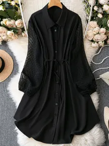 Plus Size Women's Collared Lantern Sleeve Chiffon Sheer Dot Dress, Patchwork, Waist Tie Belt Design, Casual Vintage Style, Daily Wear