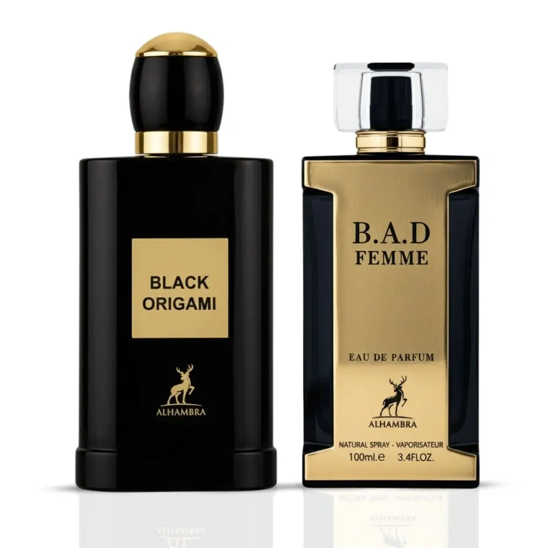Black Origami & B.A.D. Femme Eau de Parfum Spray 100ml (3.4 oz) by Maison Alhambra (Bundle)