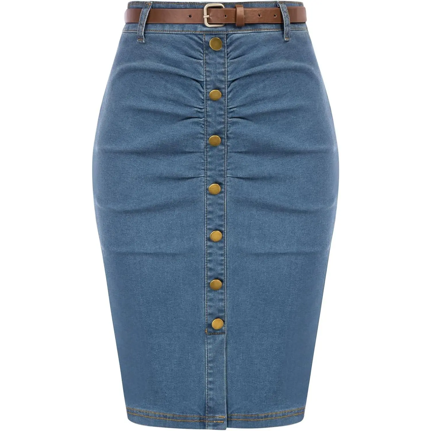 Denim Pencil Skirt for Women Ruched Bodycon Jeans Skirt with Belt High Waisted Pencil Skirts