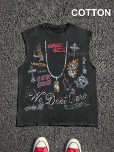 Men's Vintage Graphic Print Round Neck Cotton Tank Top, Casual Sleeveless Top for Summer, Men's Top for Daily Wear