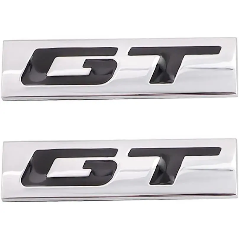 2-Piece GT Emblem 3D Metal Badge Set, Nameplate Decal for Genesis, Ford Mustang Exterior (Silver, Black) - Side, Rear, Front, Trunk, Bumper Application, Two Piece Set