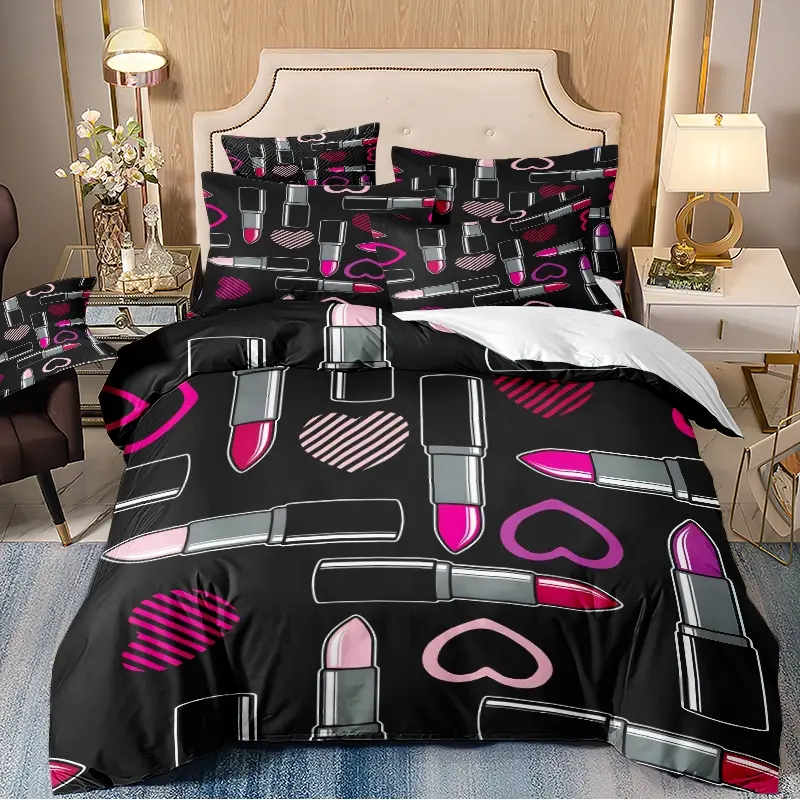 3-piece down duvet cover with lipstick and heart-shaped pattern on black background, 3D digital printed bedding, suitable for home decoration in bedrooms and guest rooms (1 * down duvet cover 2 * pillowcase, no down duvet core), machine washable