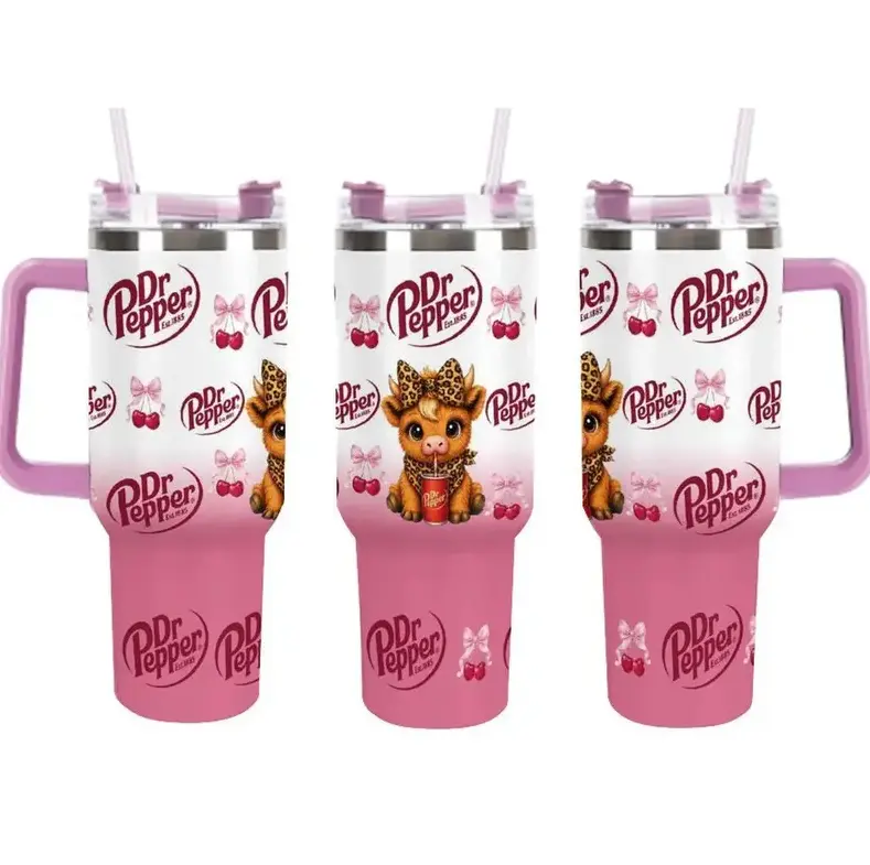 [Gift Box & Straw] 40oz Dr Pepper'ss Coquette Stainless Steel Tumbler with Handle, Pink Soda Design Vacuum Insulated Travel Mug, Large Coffee Cup Fits Car Cup Holder, Christmas Gift for Dr Pepper Fans
