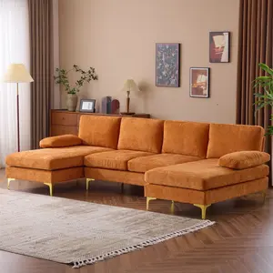 Karlhome Sectional Sofa Set, 110" U-Shaped Chenille Couch, 4 Seat Lounge Sleeper with Double Chaise for Living Room Orange