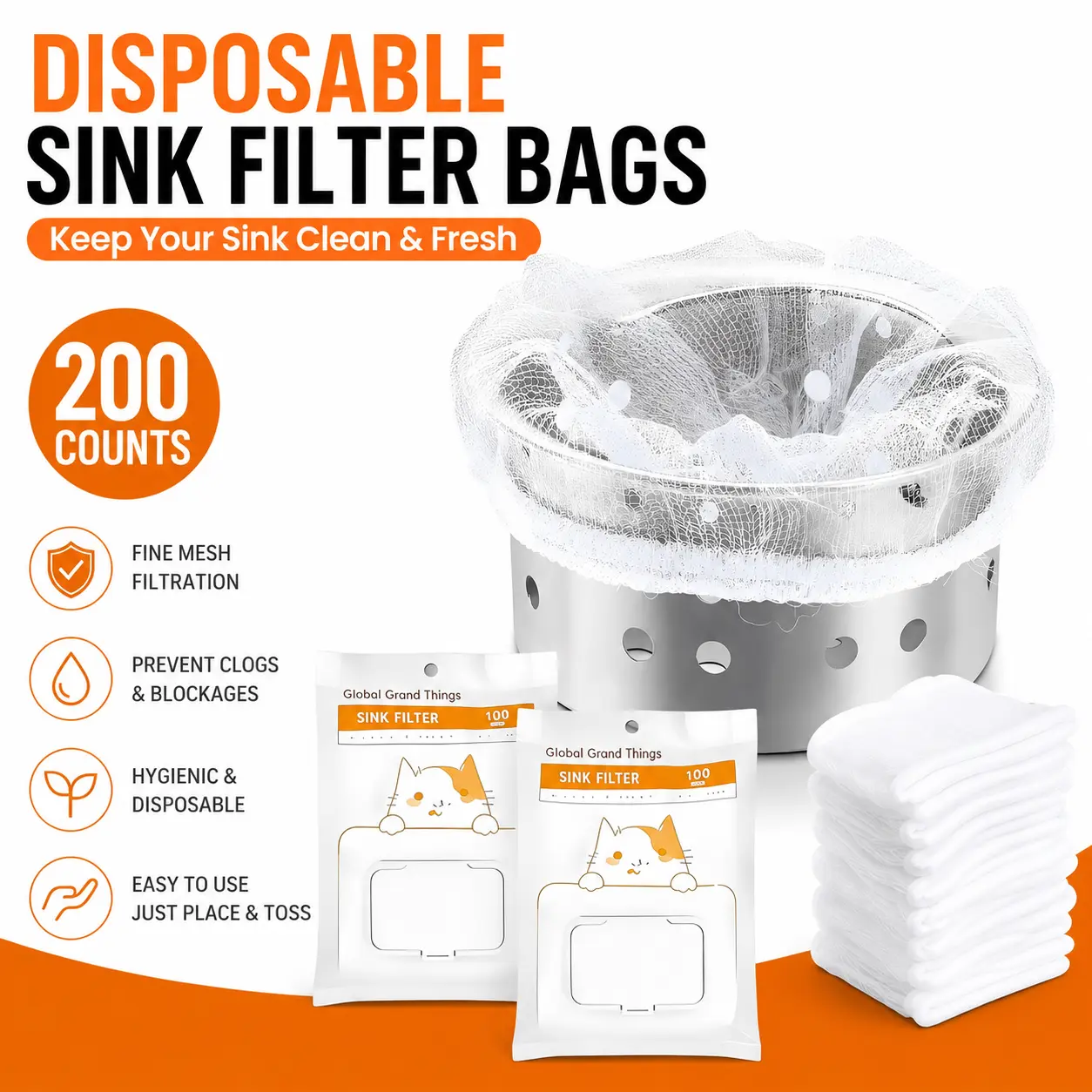 200 Pack Sink Strainer Mesh Bags - Universal Kitchen Sink Drain Protector & Anti-Clogging Filter, Disposable Drain Mesh Strainer for Food Scraps, Hair & Debris, Essential Home Cleaning Hack