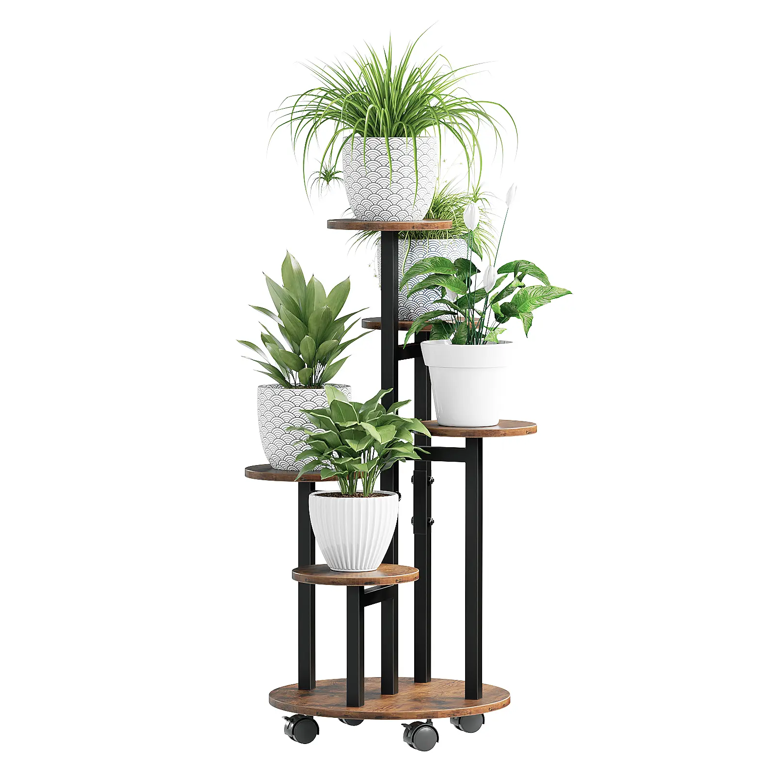 Rolling Plant Stand, Vintage Rustic Wood Metal Staggered Flower Shelf with Wheels, Tall Freestanding Multi-Level Potted Plant Holder for Indoor, Balcony, Living Room, Corner